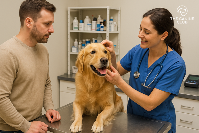 A golden retriever sits calmly on a veterinary exam table while a smiling vet checks its ears and the owner watches nearby, capturing a caring moment at a trusted animal clinic in Dundalk, MD.