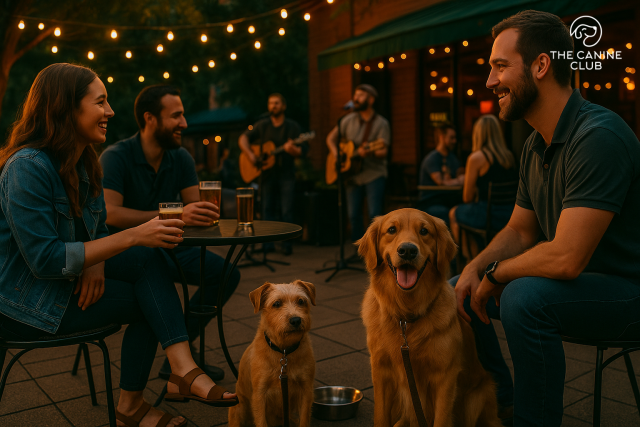 Friends enjoy drinks at an outdoor bar patio while their dogs relax nearby, with live acoustic music in the background—capturing the vibrant atmosphere of Dog-Friendly Bars in Towson, MD.