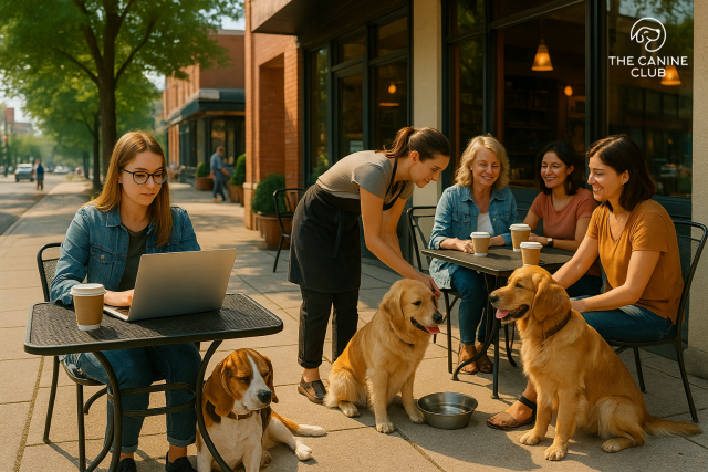 Outdoor seating at a cozy café in Towson with a student working on a laptop while a beagle rests nearby. A staff member serves water to two other dogs sitting with their owners, capturing the welcoming atmosphere of dog-friendly coffee shops and bakeries in Towson, MD.
