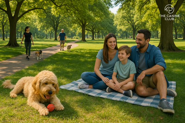A golden doodle relaxes with a family on a picnic blanket under the trees at one of the dog-friendly parks in Towson, MD, as other pups walk by on a nearby trail.