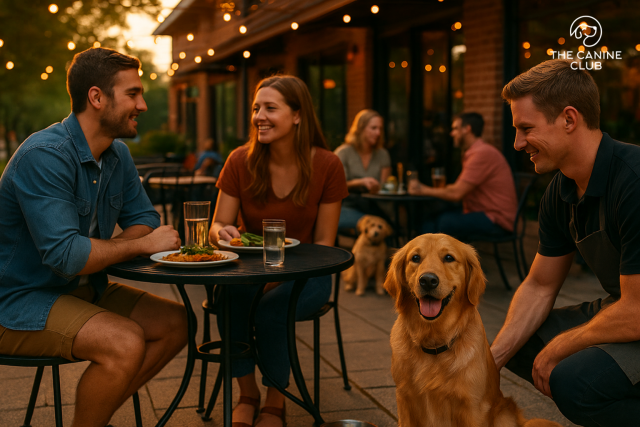 Couple dining on a cozy, string-lit patio at sunset with their golden retriever relaxing nearby, capturing the warm, welcoming vibe of Dog-Friendly Restaurants in Towson, MD