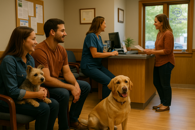 A cozy veterinary clinic waiting room with a Labrador lying on the floor and a terrier sitting on their owner's lap, showcasing the warm and caring environment typical of trusted Dog Hospitals/Veterinarians in Towson, MD.