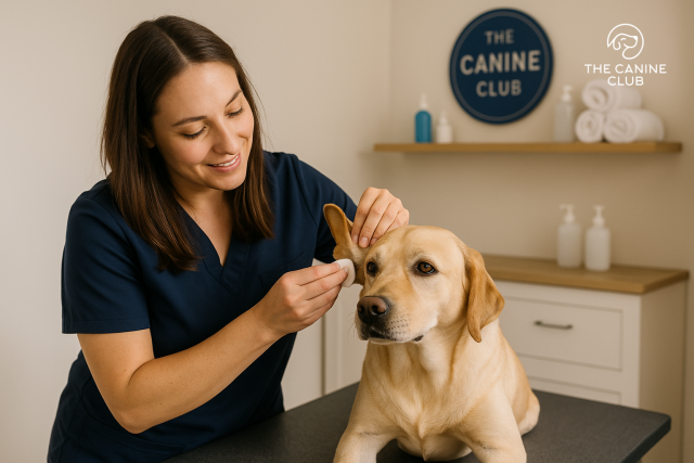 A dog groomer at The Canine Club in Baltimore gently cleaning a Labrador mix’s ears during a professional dog grooming session in a bright, pet-friendly salon.