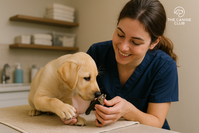 A Labrador puppy experiencing its first nail trim at The Canine Club, with a smiling groomer gently introducing the clippers in a warm, pet-friendly salon.