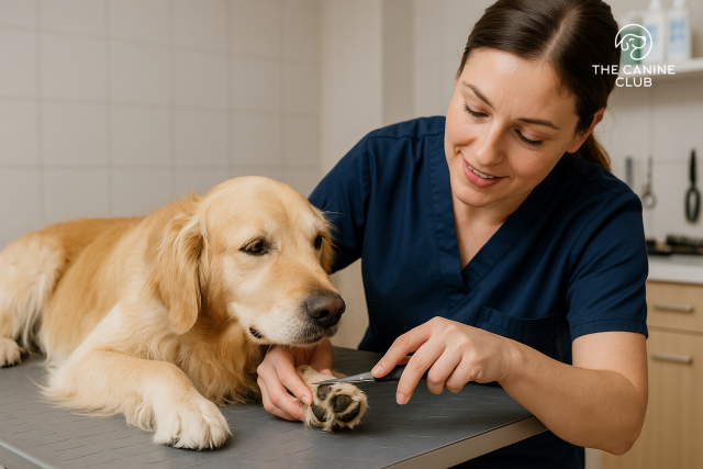 A dog groomer at The Canine Club in Baltimore carefully trimming the fur between a Golden Retriever’s paw pads during a professional dog grooming session.