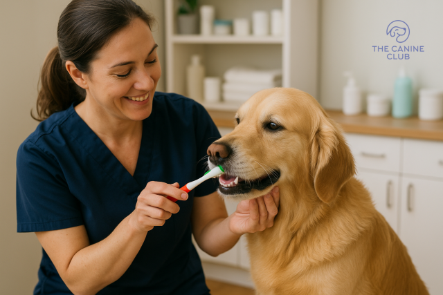 A dog groomer at The Canine Club in Baltimore gently brushing a Golden Retriever’s teeth with pet-safe toothpaste during a professional dog grooming session.