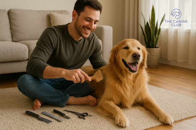 Smiling man gently brushing his golden retriever on a soft living room rug, with grooming tools arranged nearby, capturing the warmth and connection of DIY dog grooming at home.