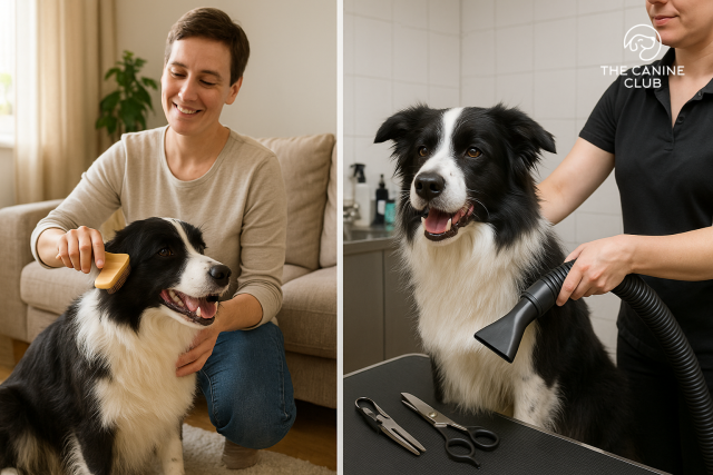 Split image of a Border Collie being brushed at home by its owner on one side, and having its coat blow-dried by a professional groomer in a salon on the other, showing the balance of DIY and professional dog grooming.